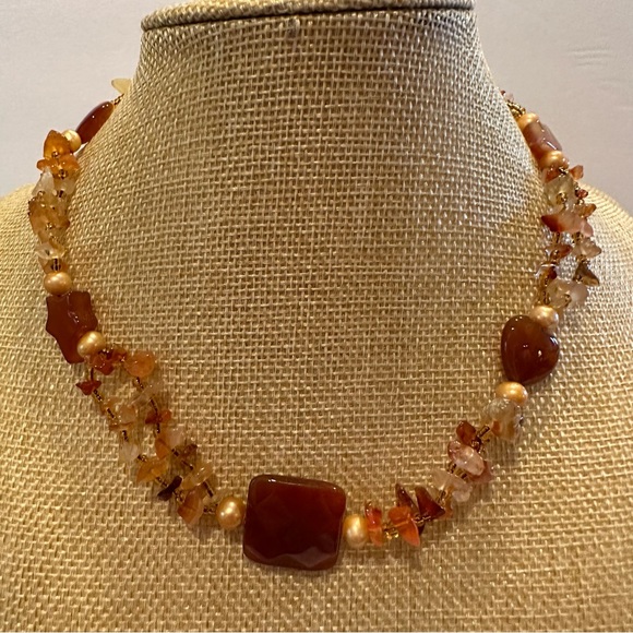 Gorgeous Genuine Carnelian Gemstone and Freshwater Pearls Necklace- orange - Picture 1 of 10